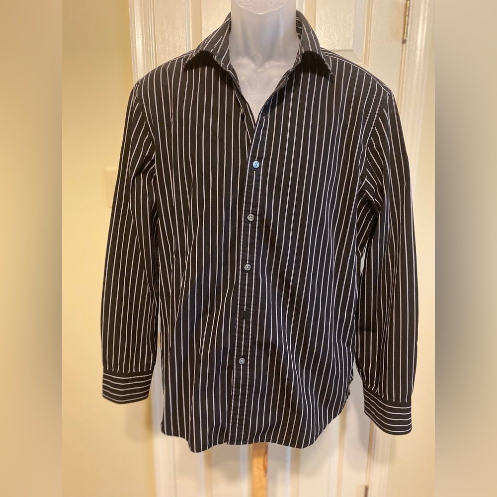 DKNY Black and White Casual Button Down Shirt with Stripes, Size: L